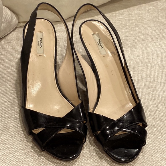 PRADA SLING BACK SANDALS BLACK PATENT MADE IN ITALY SIZE 41.5 - Picture 3 of 16
